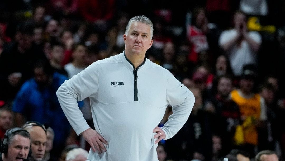 Purdue head coach Matt Painter during the first half of an NCAA college basketball game between Maryland and Purdue, Thursday, Feb. 16, 2023, in College Park, Md. Maryland won 68-54.