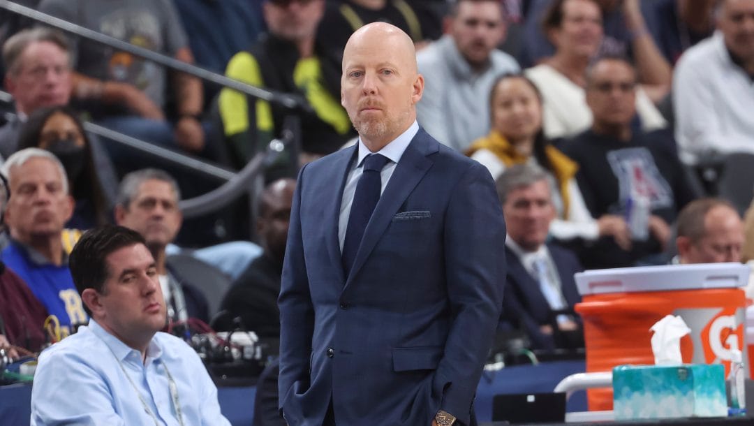 UCLA head coach Mick Cronin looks on during the first half of an NCAA college basketball game against Oregon in the semifinals of the Pac-12 Tournament, Friday, March 10, 2023, in Las Vegas.