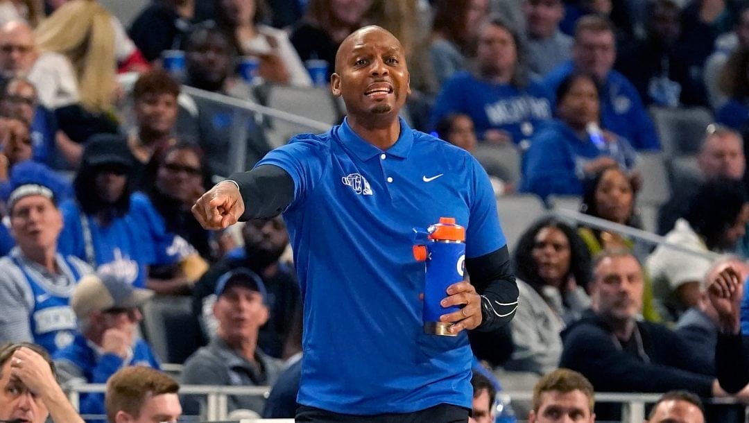 Memphis head coach Penny Hardaway points from the sidelines during the first half against Houston in the finals of the American Athletic Conference Tournament Sunday, March 12, 2023, in Fort Worth, Texas.