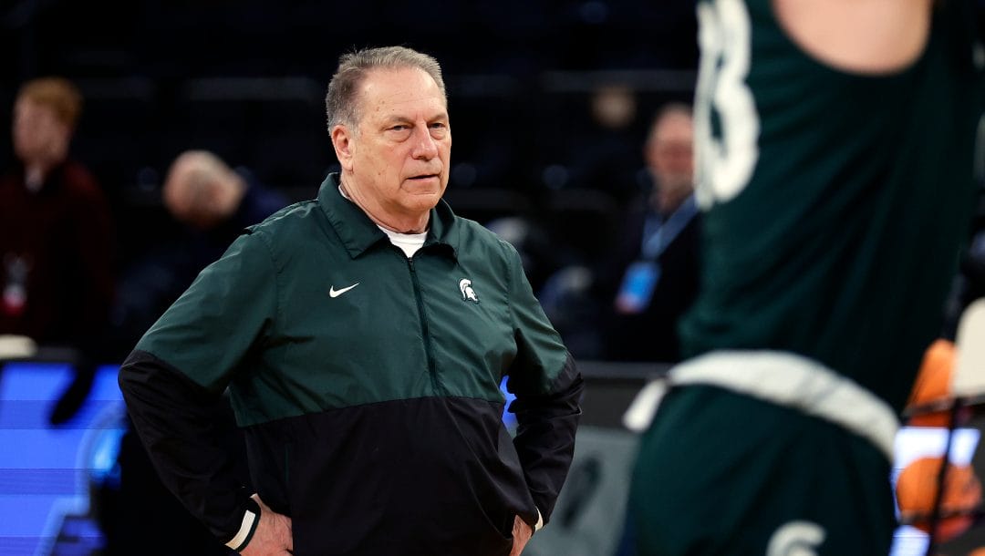 Michigan State head coach Tom Izzo looks on during practice before a Sweet 16 college basketball game at the NCAA East Regional of the NCAA Tournament, Wednesday, March 22, 2023, in New York.