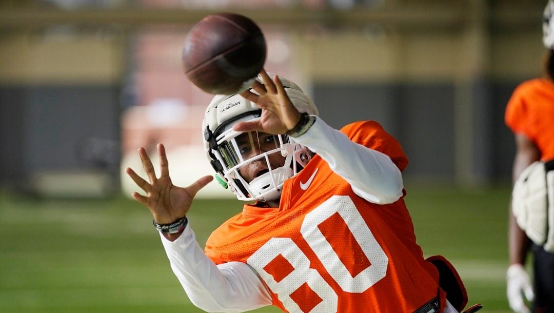 Oklahoma State's Brennan Presley during an NCAA college football practice on Aug. 5, 2022, in Stillwater, Okla. The Cowboys lost All-Big 12 receiver Tay Martin, but Brennan Presley is positioned to be the next great Oklahoma State wideout.