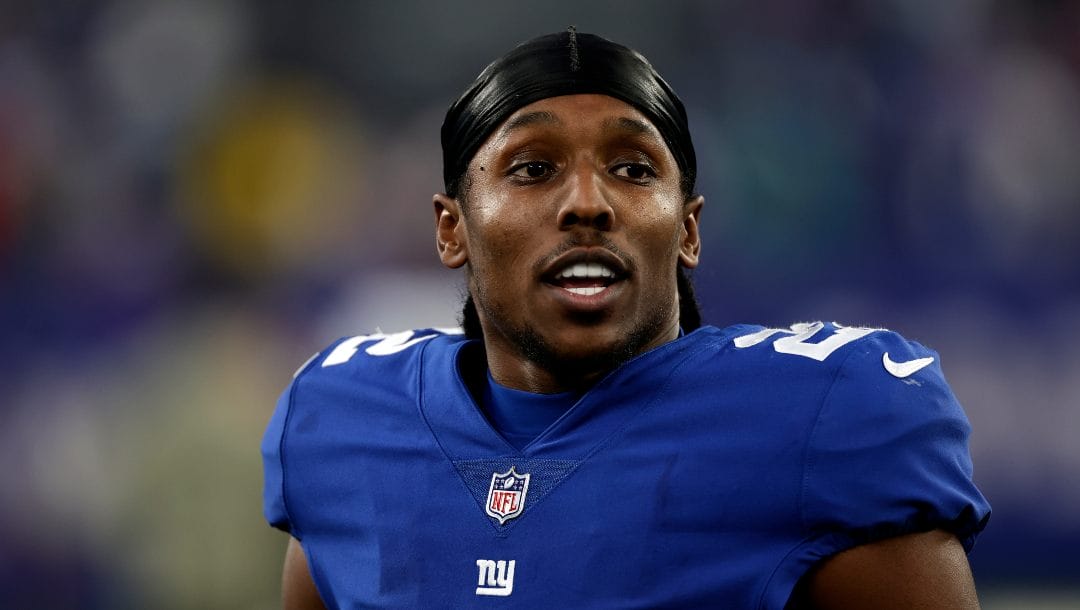 New York Giants cornerback Adoree' Jackson (22) walks off the field after an NFL football game against the Houston Texans on Sunday, Nov. 13, 2022, in East Rutherford, N.J.
