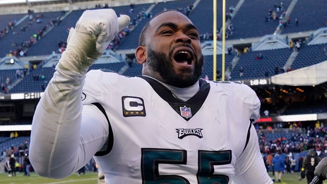Philadelphia Eagles' Brandon Graham reacts after an NFL football game against the Chicago Bears.