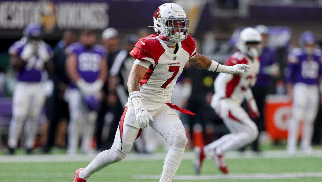 Arizona Cardinals cornerback Byron Murphy Jr. (7) plays during the second half of an NFL football game against the Minnesota Vikings, Sunday, Oct. 30, 2022 in Minneapolis.