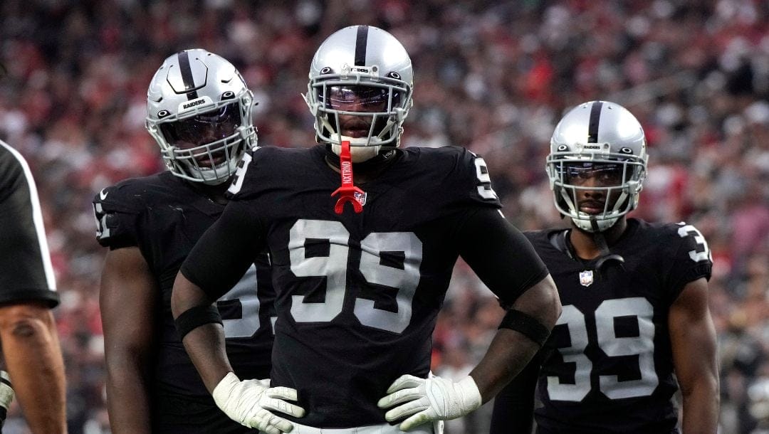 Las Vegas Raiders defensive end Clelin Ferrell (99) lines up against the San Francisco 49ers during the first half of an NFL football game, Sunday, Jan. 1, 2023, in Las Vegas.