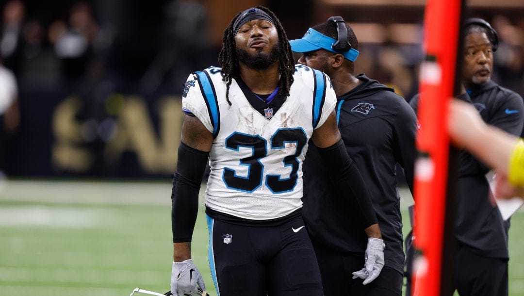 Carolina Panthers running back D'Onta Foreman react after being ejected during the second half an NFL football game between the Carolina Panthers and the New Orleans Saints in New Orleans, Sunday, Jan. 8, 2023.