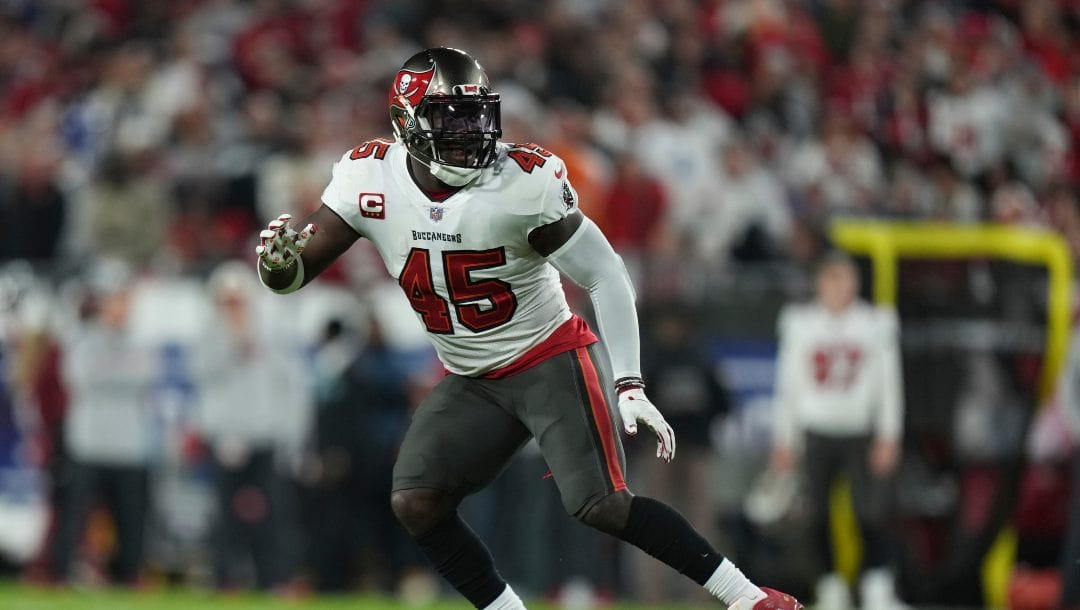 Tampa Bay Buccaneers linebacker Devin White (45) defends in the secondary during an NFL wild-card football game against the Dallas Cowboys, Monday, Jan. 16, 2023, in Tampa, Fla.