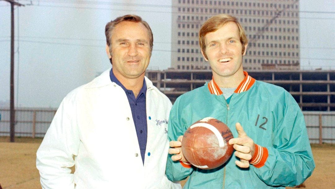 Quarterback for the Miami Dolphins, Bob Griese, is shown with Miami Dolphins Coach Don Shula, Jan. 7, 1974.