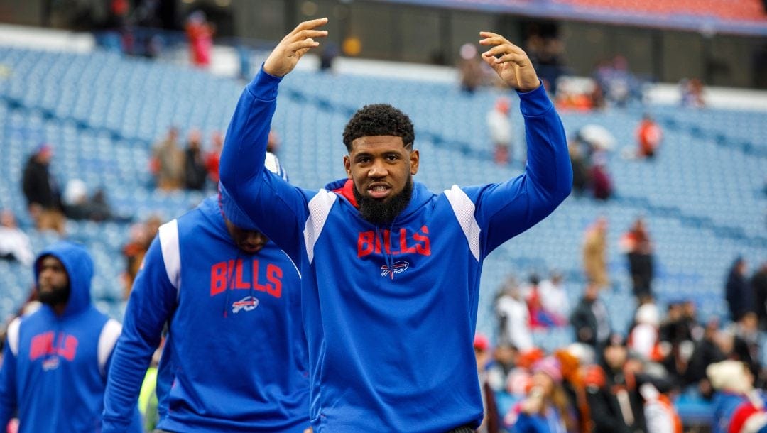 Buffalo Bills defensive tackle Ed Oliver (91) warms up before an NFL divisional round playoff football game Sunday, Jan. 22, 2023, in Orchard Park, NY.