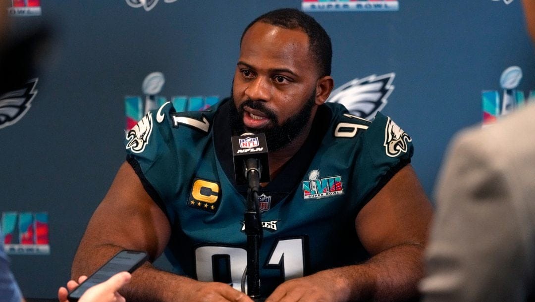 Philadelphia Eagles defensive tackle Fletcher Cox speaks during an NFL football Super Bowl team availability, Wednesday, Feb. 8, 2023, in Phoenix. The Eagles will face the Kansas City Chiefs in Super Bowl 57 Sunday.