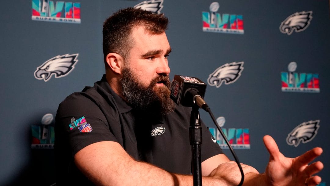 Philadelphia Eagles center Jason Kelce speaks during an NFL football Super Bowl team availability, Tuesday, Feb. 7, 2023, in Phoenix. The Eagles will face the Kansas City Chiefs in Super Bowl 57 Sunday.