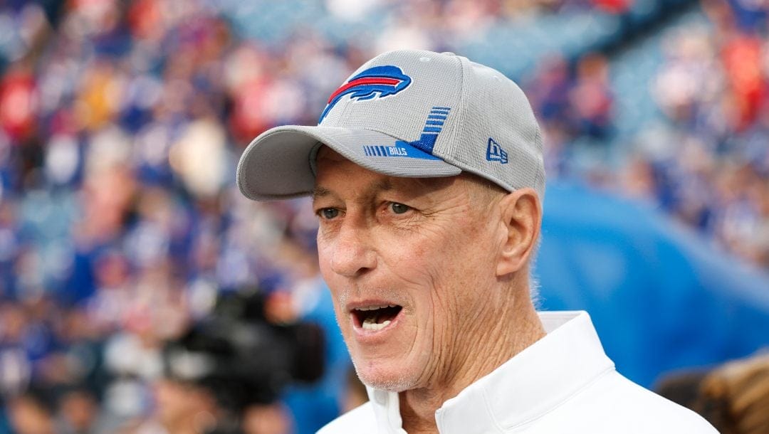 Former NFL quarterback of the Buffalo Bills' Jim Kelly before an NFL football game against the Tennessee Titans Monday, Sept. 19, 2022, in Orchard Park, N.Y.