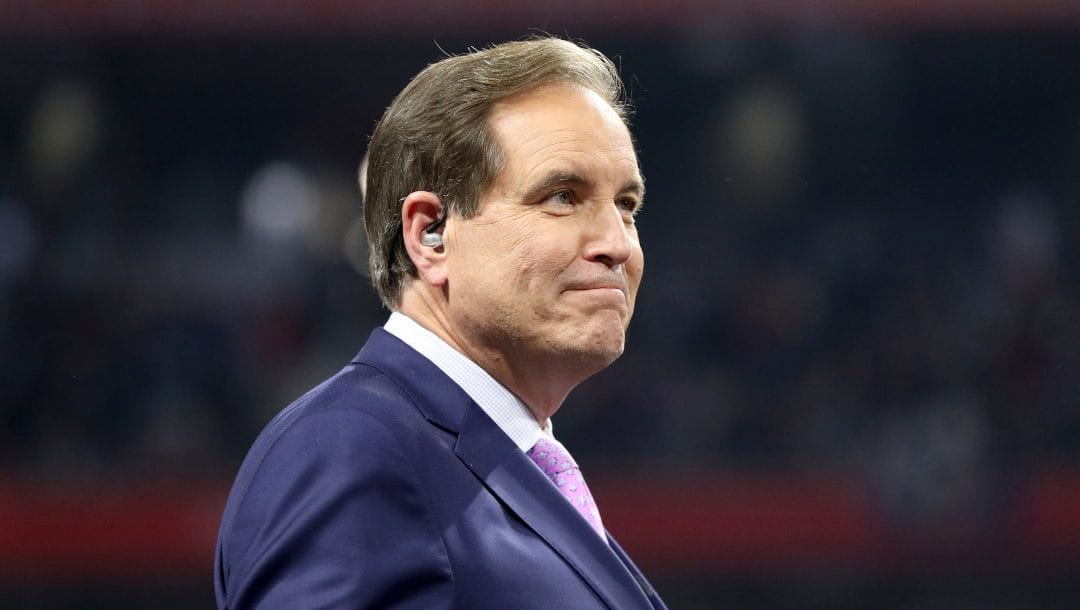 Announcer Jim Nantz looks on after NFL Super Bowl 53, Feb. 3, 2019, in Atlanta. Nantz will step away from calling the NCAA Men’s Basketball Tournament after next year and will be succeeded by Ian Eagle.
