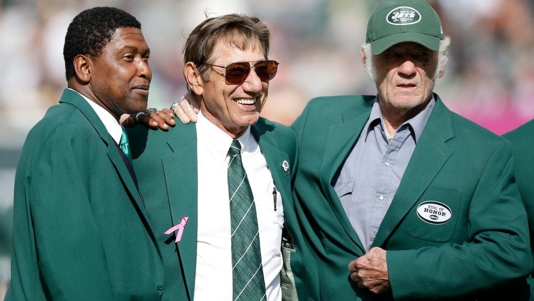 Former New York Jets wide receiver Wesley Walker, left, Hall of Fame quarterback Joe Namath, center, and Hall of Fame wide receiver Don Maynard, right, participate in a New York Jets Ring of Honor ceremony honoring former Jets defensive tackle Marty Lyons during a halftime ceremony of an NFL football game between the New York Jets and the Pittsburgh Steelers Sunday, Oct. 13, 2013, in East Rutherford, N.J.