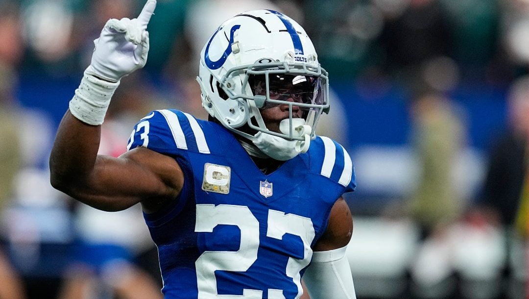 Indianapolis Colts cornerback Kenny Moore II (23) signals in the second half of an NFL football game against the Philadelphia Eagles in Indianapolis, Fla., Sunday, Nov. 20, 2022.