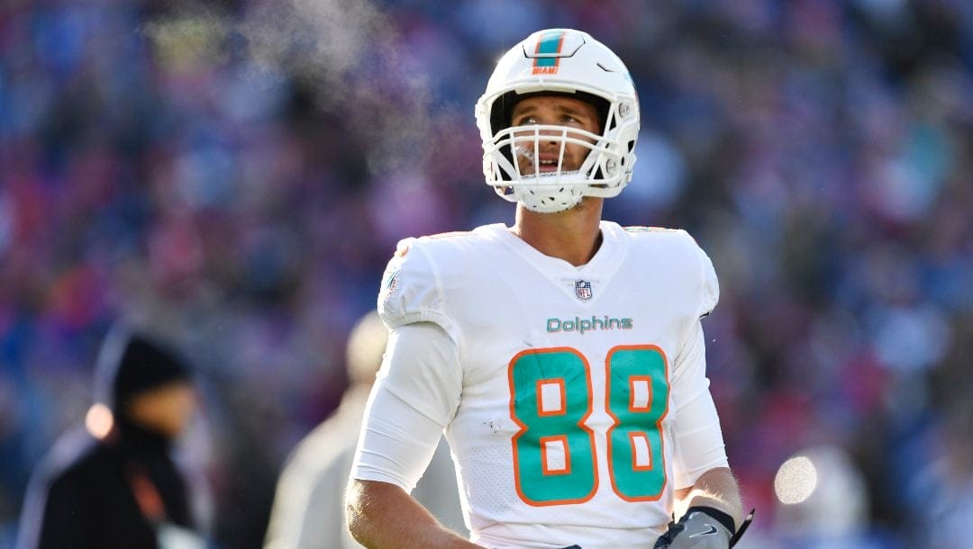 Miami Dolphins tight end Mike Gesicki (88) looks up during the first half of an NFL wild-card playoff football game against the Buffalo Bills, Sunday, Jan. 15, 2023, in Orchard Park, N.Y.