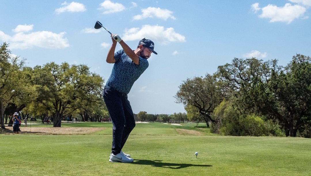 J.J. Spaun tees off during the third round of the Valero Texas Open golf tournament in San Antonio, Saturday, April 2, 2022.