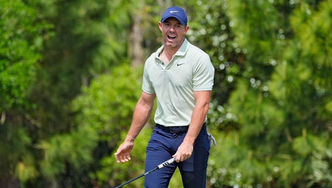Rory McIlroy, of Northern Ireland, reacts on the second green during the final round of The Players Championship golf tournament Sunday, March 17, 2024, in Ponte Vedra Beach, Fla.
