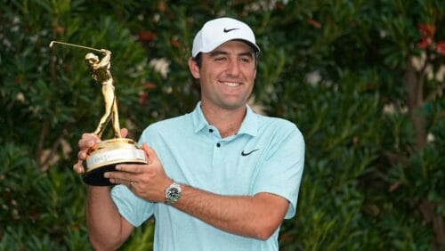 Scottie Scheffler celebrates after winning The Players Championship golf tournament, Sunday, March 12, 2023, in Ponte Vedra Beach, Fla.