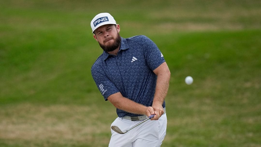 Tyrrell Hatton, of England, chips to the fifth green during the second round of the Dell Technologies Match Play Championship golf tournament in Austin, Texas, Thursday, March 23, 2023.