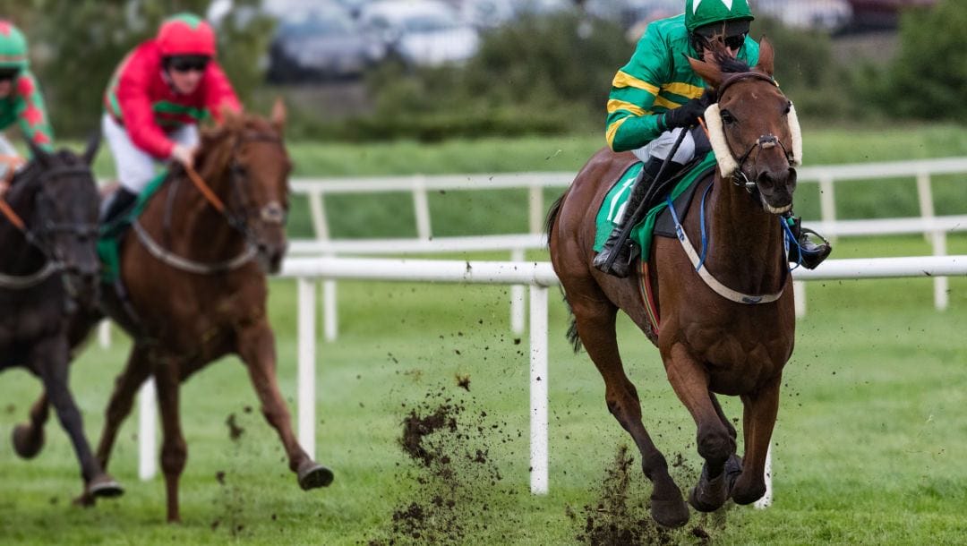 A horse and jockey in green silks lead, with two jockeys racing behind.