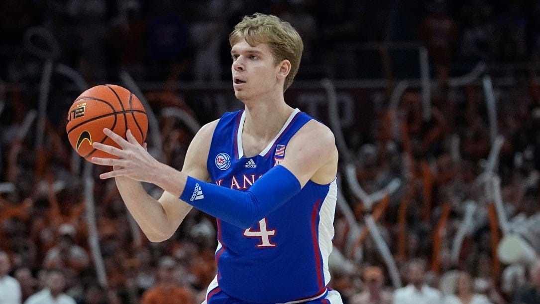 Kansas guard Gradey Dick (4) during the first half of an NCAA college basketball game against Texas in Austin, Texas, Saturday, March 4, 2023. (AP Photo/Eric Gay)