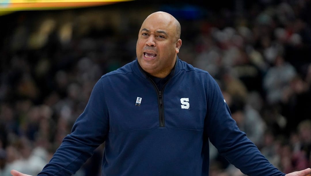 Penn State head coach Micah Shrewsberry reacts during an NCAA college basketball championship game against Purdue at the Big Ten men's tournament, Sunday, March 12, 2023, in Chicago. (AP Photo/Erin Hooley)