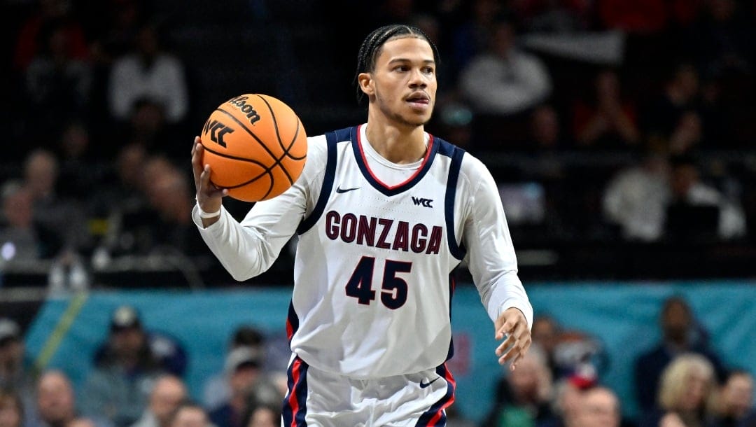 Gonzaga guard Rasir Bolton (45) handles the ball against San Francisco during the second half of an NCAA college basketball game in the semifinals of the West Coast Conference men's tournament Monday, March 6, 2023, in Las Vegas. (AP Photo/David Becker)