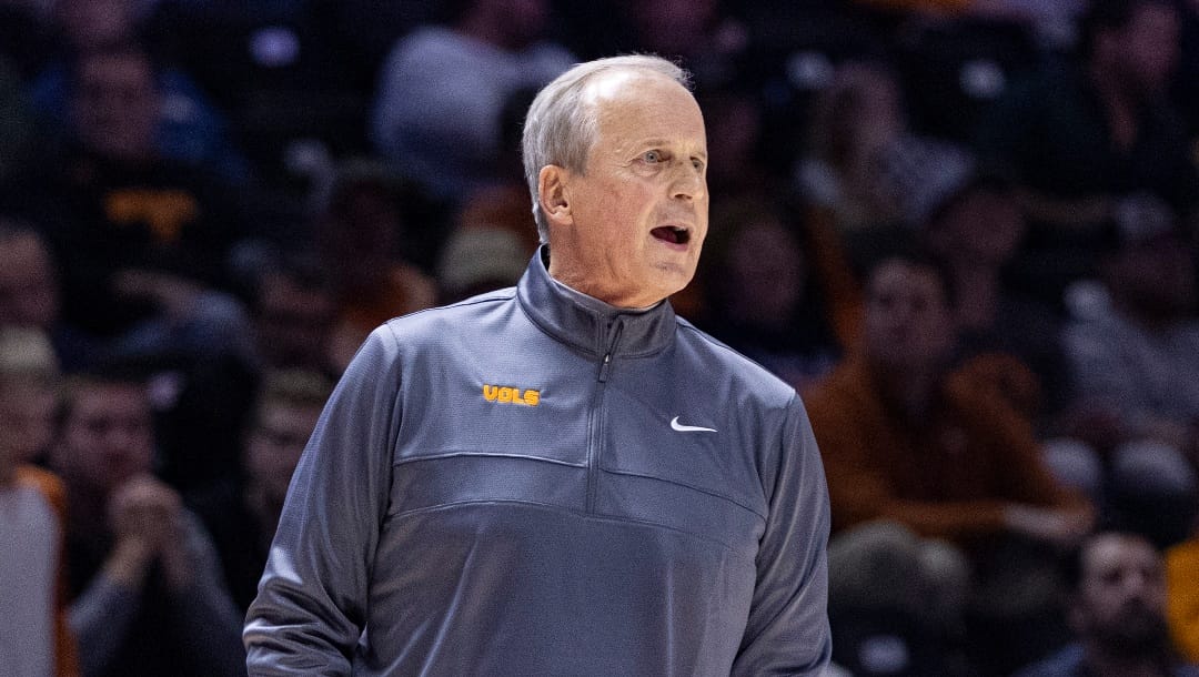 Tennessee coach Rick Barnes yells to players during the second half of the team's NCAA college basketball game against Wofford on Tuesday, Nov. 14, 2023, in Knoxville, Tenn. (AP Photo/Wade Payne)