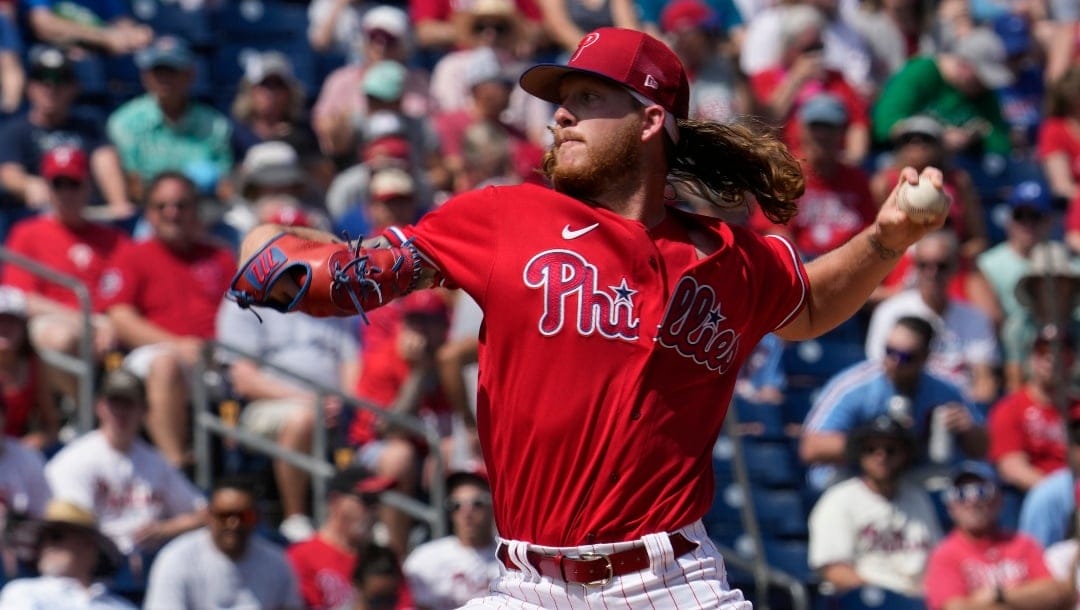 Philadelphia Phillies starting pitcher Bailey Falter during the first inning of a spring training baseball game against the Tampa Bay Rays Tuesday, March 7, 2023, in Clearwater, Fla. (AP Photo/Chris O'Meara)