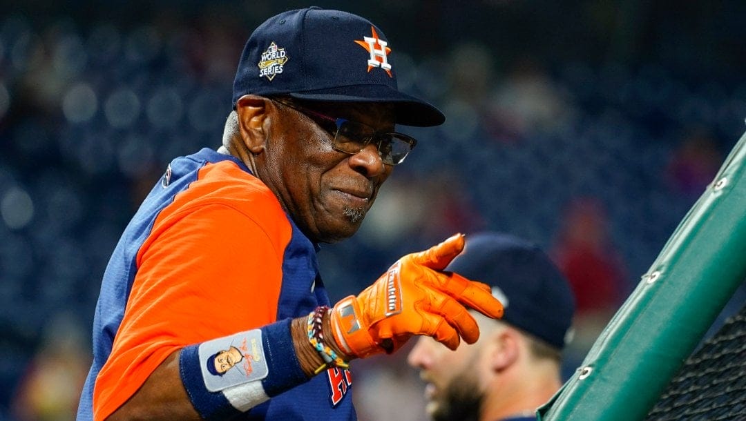 Houston Astros manager Dusty Baker Jr. gestures during batting practice before Game 4 of baseball's World Series between the Houston Astros and the Philadelphia Phillies on Wednesday, Nov. 2, 2022, in Philadelphia.