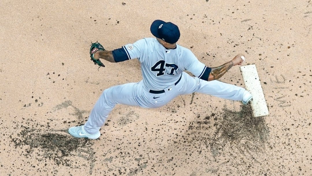 New York Yankees starting pitcher Frankie Montas throws during the first inning of a baseball game against the Milwaukee Brewers Friday, Sept. 16, 2022, in Milwaukee.