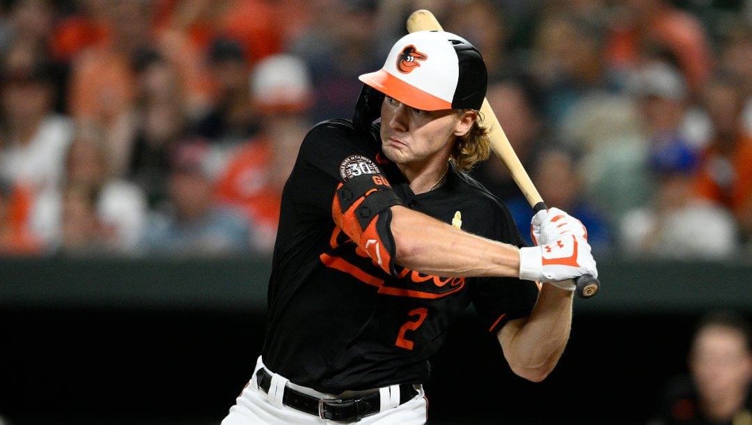 Baltimore Orioles' Gunnar Henderson in action during a baseball game against the Oakland Athletics, Friday, Sept. 2, 2022, in Baltimore.