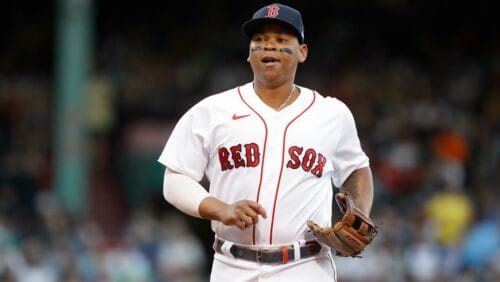 Boston Red Sox' Rafael Devers against the New York Yankees during a baseball game at Fenway Park Sunday Aug. 14, 2022, in Boston.