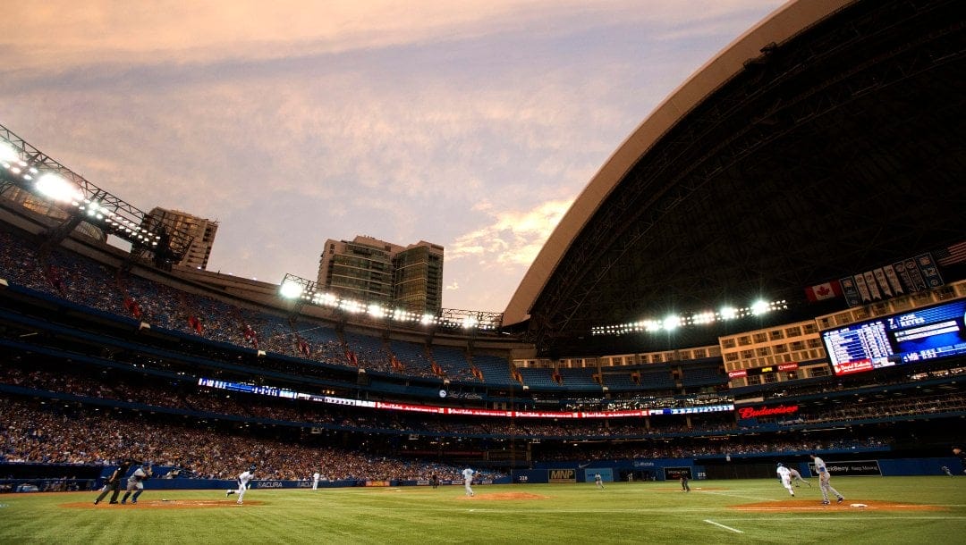 The Toronto Blue Jays play the Los Angeles Dodgers in fourth inning inter-league action under an open dome in Toronto on Monday July 22, 2013.