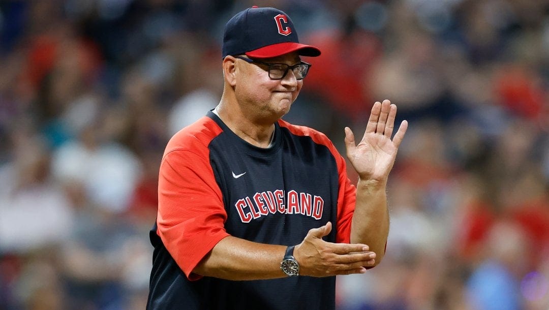 Cleveland Guardians manager Terry Francona makes a pitching change during the fifth inning of a baseball game against the Houston Astros, Thursday, Aug. 4, 2022, in Cleveland.