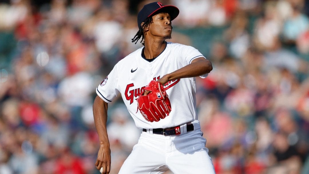 Cleveland Guardians starting pitcher Triston McKenzie throws against the Oakland Athletics during the first inning of a baseball game, Friday, June 10, 2022, in Cleveland.