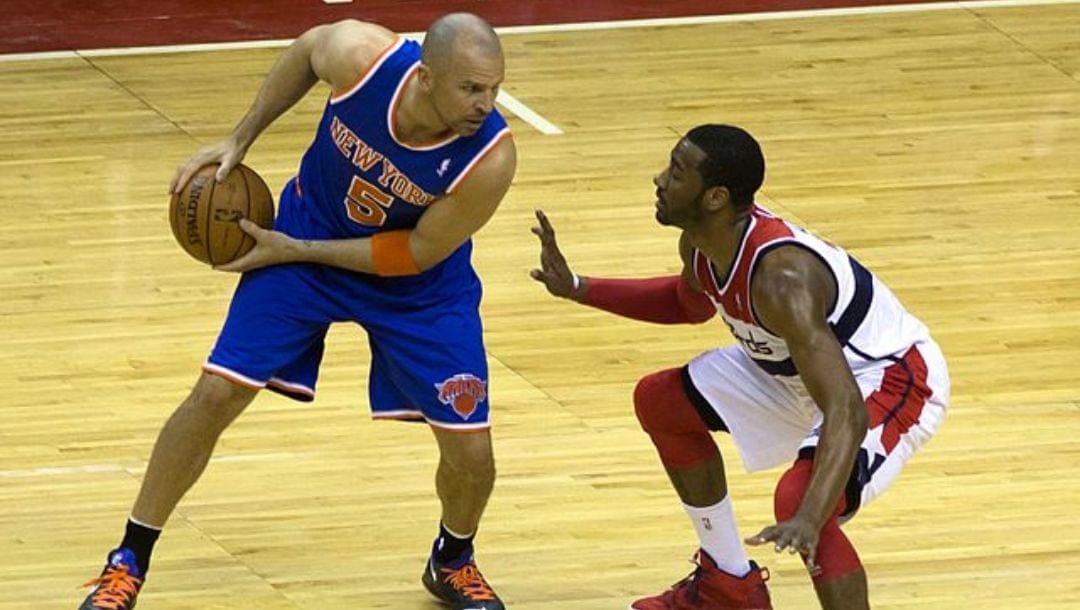 The New York Knicks' Jason Kidd looks to attack the basket against the Washington Wizards' John Wall on March 1, 2013.