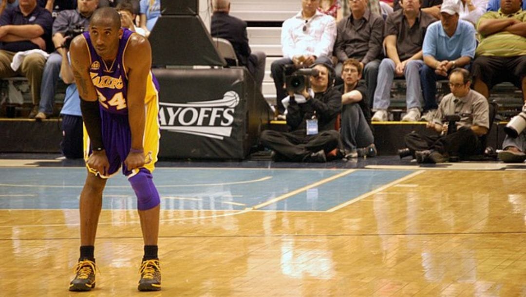 Kobe Bryant of the Los Angeles Lakers on the court during a playoff game against the Denver Nuggets during the 2007-2008 NBA season.