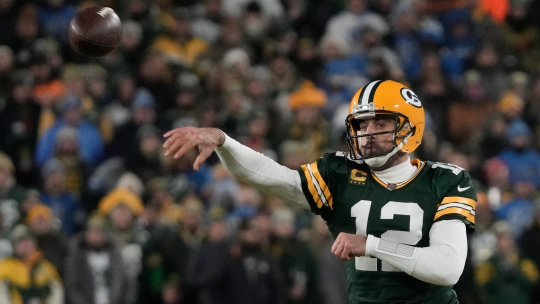 Green Bay Packers' Aaron Rodgers during the first half of an NFL football game against the Detroit LionsSunday, Jan. 8, 2023, in Green Bay, Wis. (AP Photo/Morry Gash)