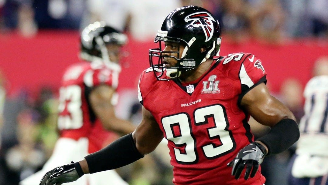 Atlanta Falcons Dwight Freeney #93 in action against the New England Patriots at Super Bowl 51 on Sunday, February 5, 2017 in Houston, TX. (AP Photo/Gregory Payan)