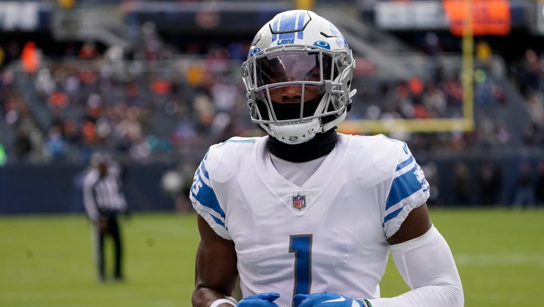 Detroit Lions cornerback Jeff Okudah (1) warms up before an NFL football game Sunday, Nov. 13, 2022, in Chicago. (AP Photo/David Banks)