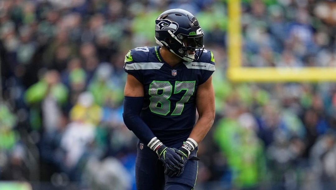 Seattle Seahawks tight end Noah Fant (87) lines up for play during the first half of an NFL football game against the Los Angeles Rams, Sunday, Jan. 8, 2023, in Seattle. (AP Photo/Abbie Parr)
