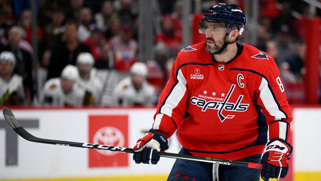 Washington Capitals left wing Alex Ovechkin (8) in action during the first period of an NHL hockey game against the Chicago Blackhawks, Thursday, March 23, 2023, in Washington.