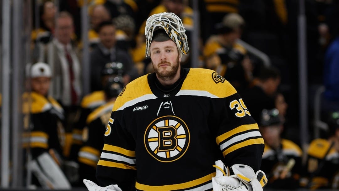 FILE - Boston Bruins goaltender Linus Ullmark during the third period of an NHL hockey game against the Los Angeles Kings Thursday, Dec. 15, 2022, in Boston. Few expected Ullmark to be the top goaltender in the NHL and backstop the Boston Bruins to the best record in the league. Ullmark ranks first in wins, save percentage and goals-against average. (AP Photo/Winslow Townson, File)