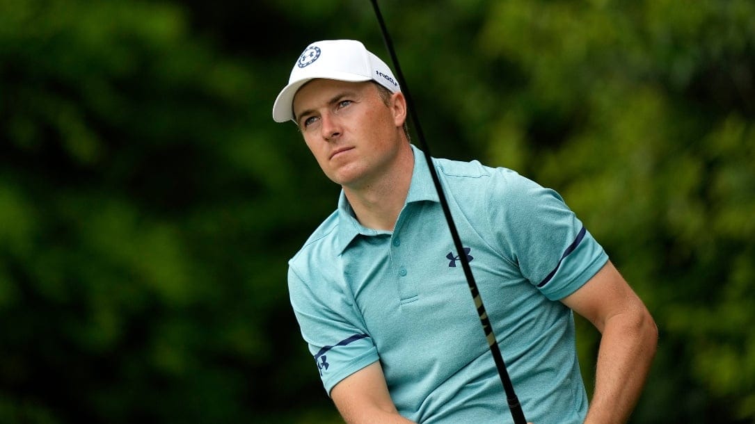 Jordan Spieth watches his tee shot on the 14th hole during the second round of the Masters golf tournament on Friday, April 9, 2021, in Augusta, Ga. (AP Photo/David J. Phillip)