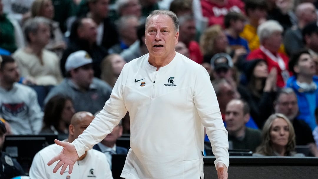 Michigan State head coach Tom Izzo questions a call in the first half of a second-round college basketball game against Marquette in the men's NCAA Tournament in Columbus, Ohio, Sunday, March 19, 2023. (AP Photo/Michael Conroy)