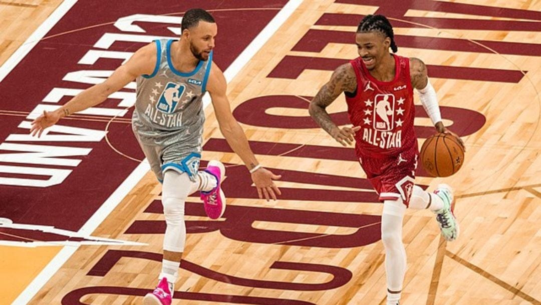 Steph Curry and Ja Morant during the 2022 NBA All-Star game in Cleveland.