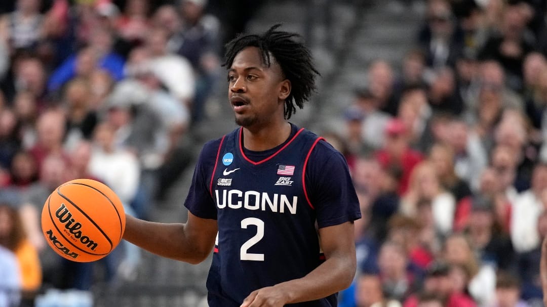 UConn guard Tristen Newton (2) dribbles down the court in the second half of an Elite 8 college basketball game against UConn in the West Region final of the NCAA Tournament, Saturday, March 25, 2023, in Las Vegas. (AP Photo/John Locher)