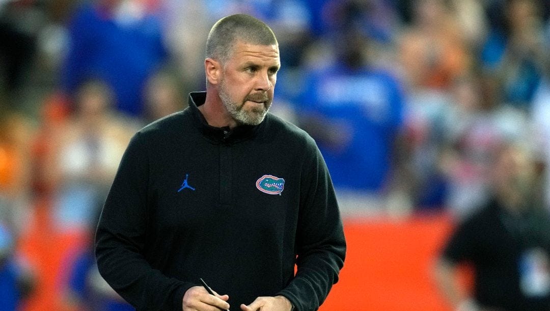 Florida head coach Billy Napier watches play during the first half of the NCAA college football team's annual Orange and Blue spring game, Thursday, April 13, 2023, in Gainesville, Fla.